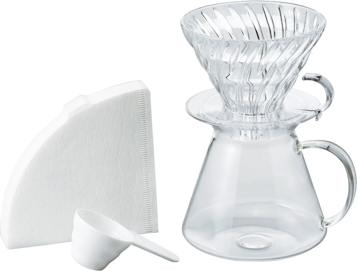 Simply Hario glass dripper and server beside the blue product box